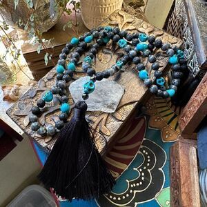 Skull Turquoise And Lava Stone Mala Necklace